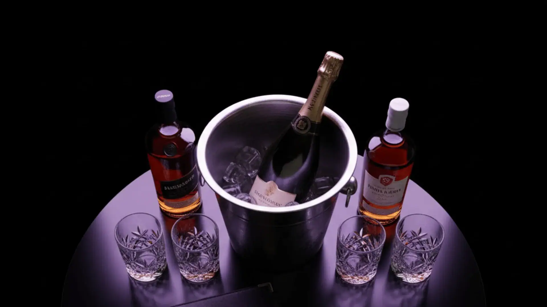 Premium champagne and whiskey arranged on a neon illuminated table at Atlantis of NYC in Jamaica, NY