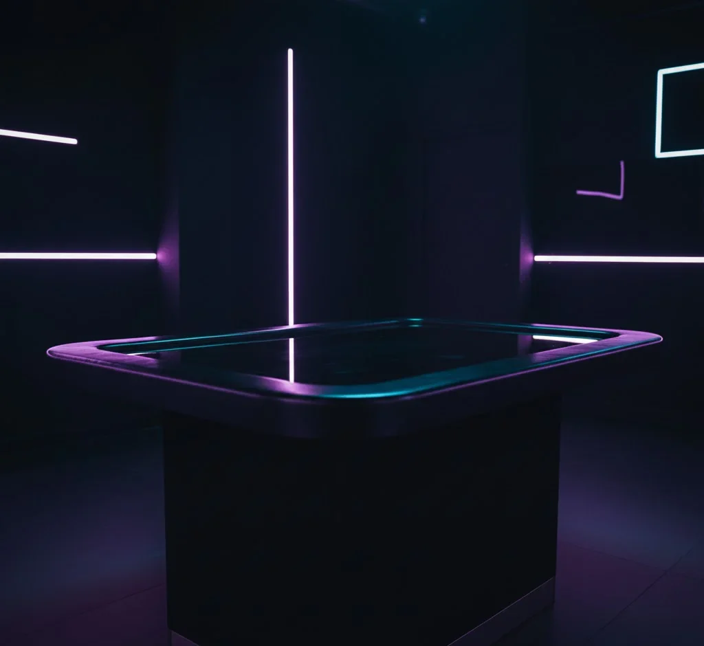 Futuristic neon-lit private room with glowing accents and modern lounge seating at Atlantis of NYC in Jamaica, NY