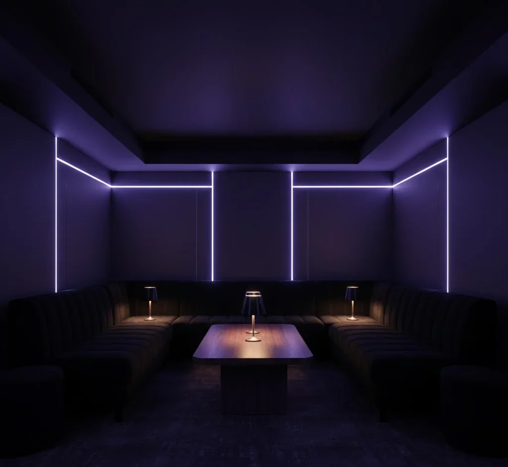 Soft modern lounge lighting with a clean minimalist design at Atlantis of NYC in Jamaica, NY