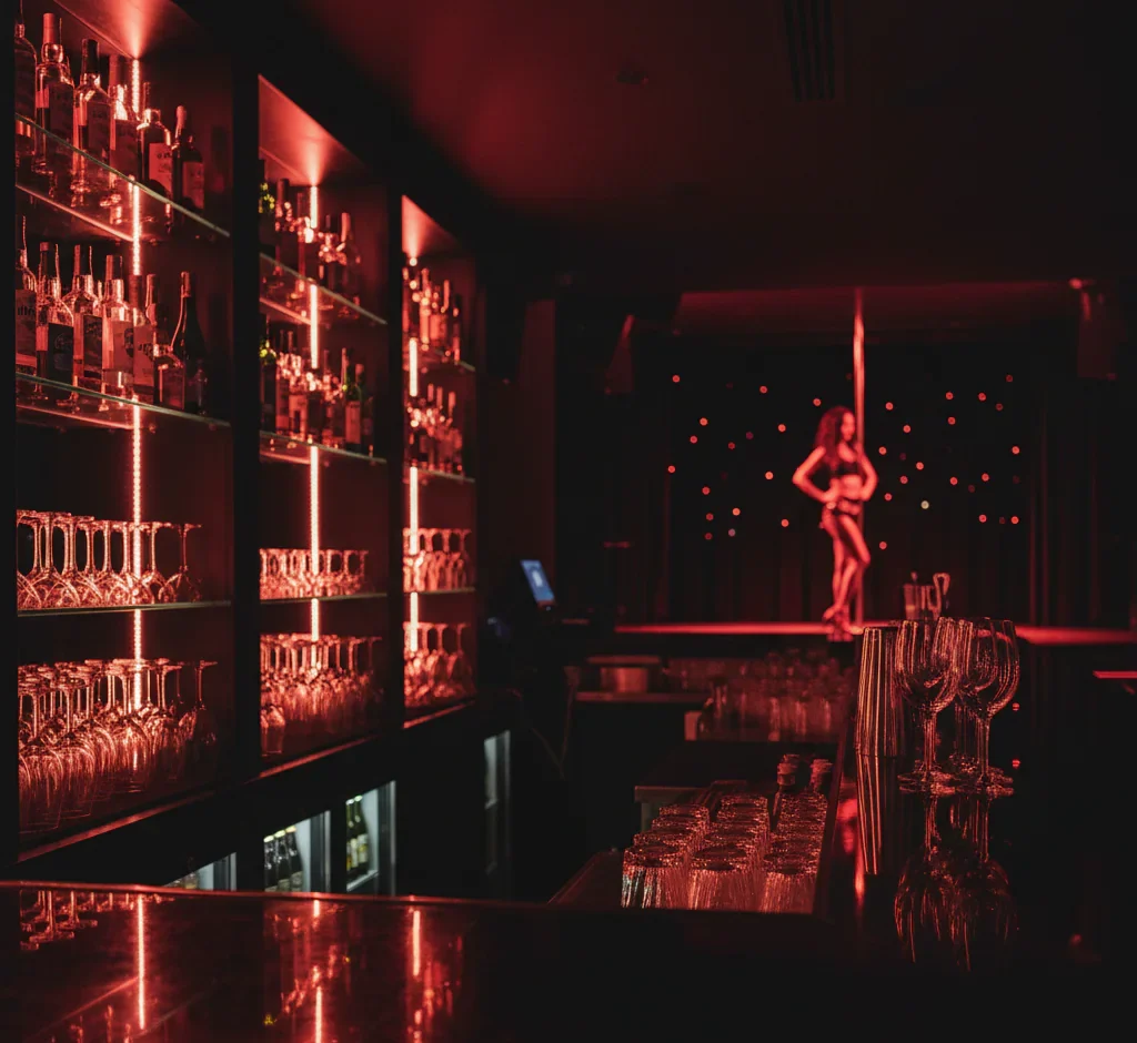 A dimly lit NY bar with shelves of bottles and glasses glows red; in the background, a woman performs on a pole under spotlights on a strip club Jamaica stage.